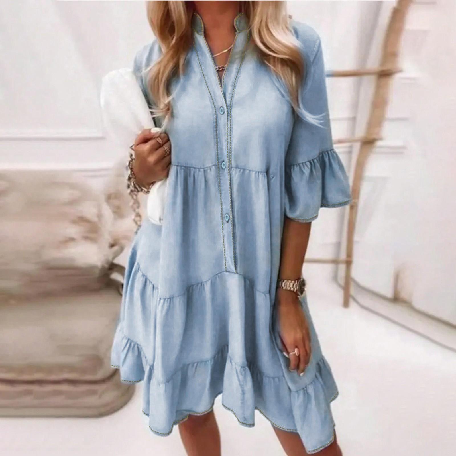 

Womens Summer Dresses Solid Color Denim Casual Dresses S