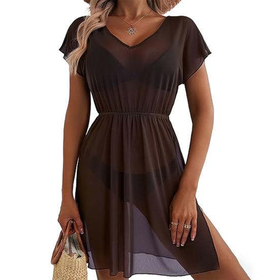Bikini Cover Up Mesh Lightweight Sheer V-Neck Short Sleeve Beach Dress with Elastic Waist Design Anti-UV