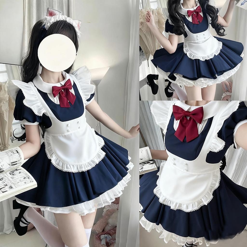 AOTYP Dienstmädchen Kostüm mit Süßem Lolita Alice Idol Gothic Dienstmädchen Café Größe 3XL Strumpfhosen, Uniform, Anime, Kleid, Spitze, Kostüm, Lolita, Damen, Kostüm, Marineblau,