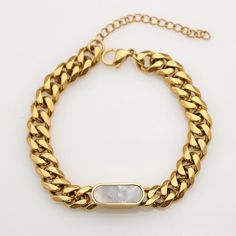 Stylish Oval Shell Bracelet 18K Gold Cuban Link Titanium Steel Chain Women s Jewelry