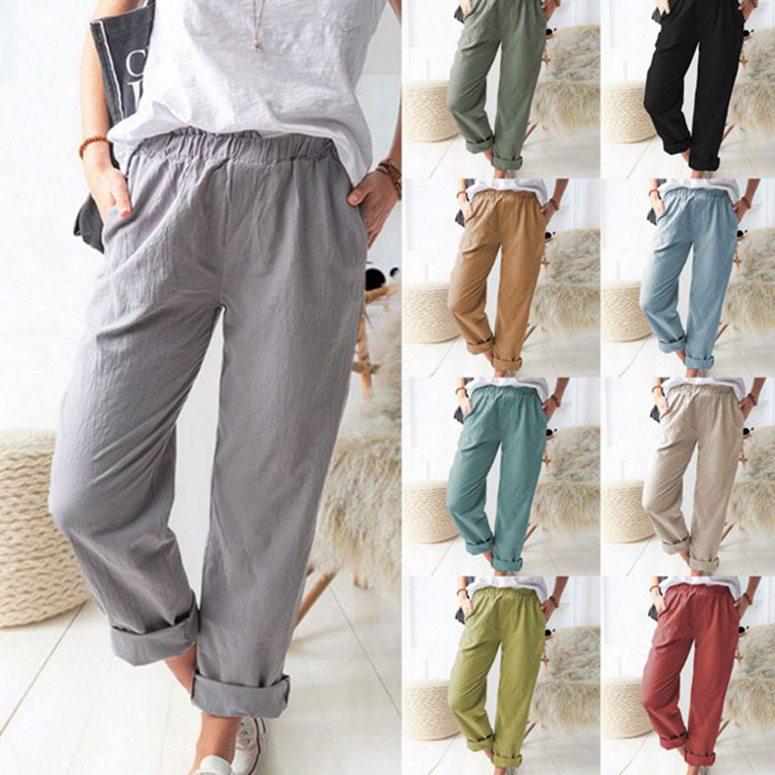 

Чистый цвет, повседневные эластичные прямые брюки с высокой талией, женские модные свободные брюки