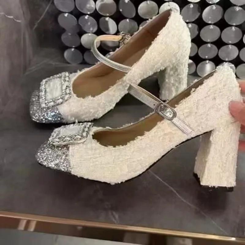 

Xiaoxiangfeng High Heels for Women 2025 Autumn New Sequin with Shallow Mouth Sequin Block Heel Mary Jane Single Shoes Square Toe 34