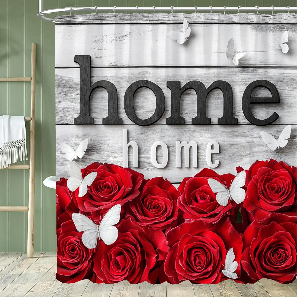 Red Rose Shower Curtain, Valentine s Day Wooden Panel Butterfly Romantic Flowers Bathroom Curtain Home Decoration Curtain 90x180cm-35x70in