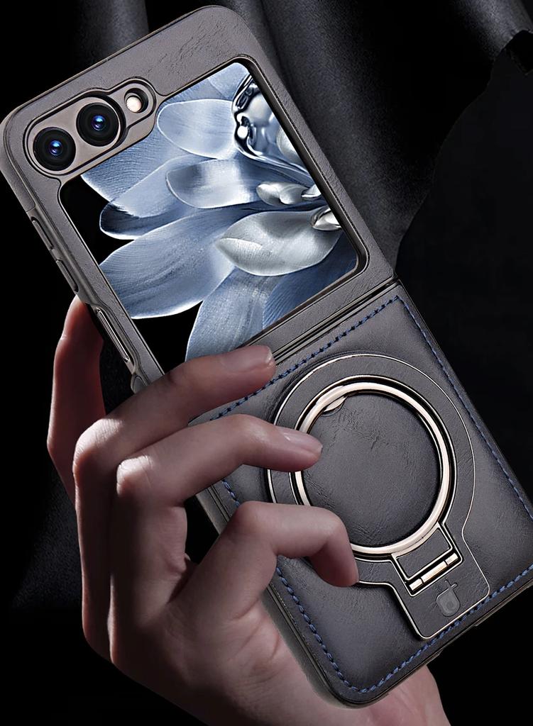 Luxury Leather Phone Case For Samsung Galaxy Z Flip 7 6 5 4 3 5G Magnetic Cover Ring Metal Bracket Shockproof Kickstand Cover