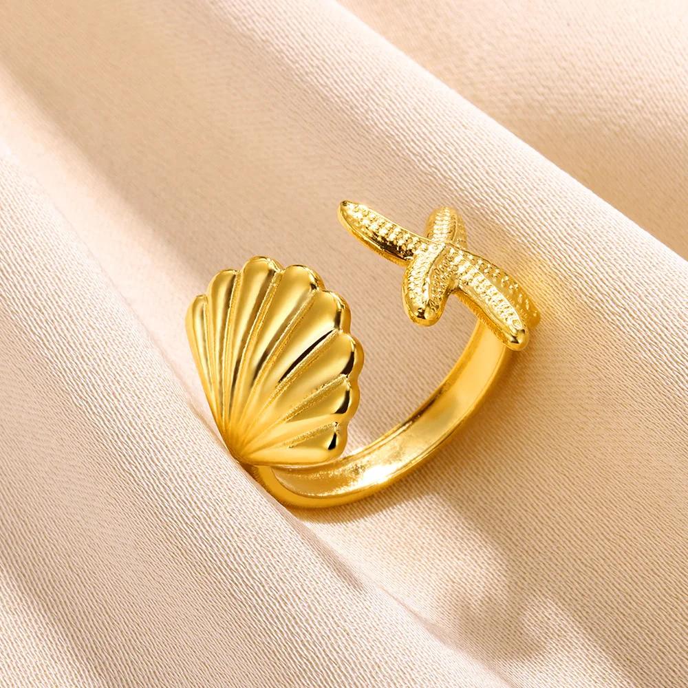 Vintage Starfish Shell Rings For Women Gold Color Stainless Steel Shell Openning Ring Wedding Ocean Summer Jewelry Gift