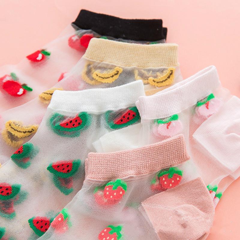 5 Paar Harajuku Sommer Bananen-Spitze Netz Knöchelsocken Damen Fruchtsocken Transparent Elastisch für Mädchen Weich Weiblich Farbe Zufällig