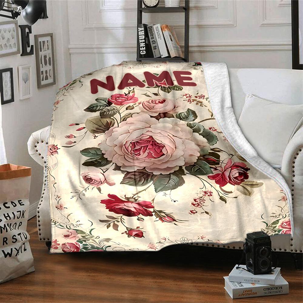 Vintage Floral Rose Pattern With Elegant Design And Soft Colors Gift Personalized Blanket Personalized Name Soft Cozy Great For Sofa Couch Office Bed