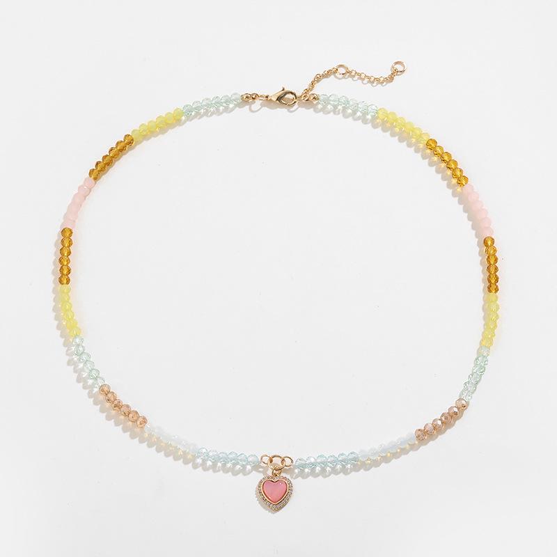 Kenjie Summer Colorful Beaded Necklace with Heart Peach Zircon Charm