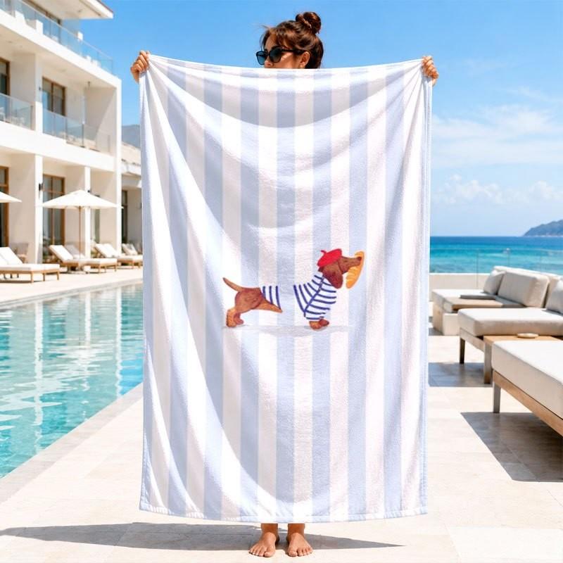 Italian Summer Doodle Style White Base La Dolce Vita Seafood Fruit Cocktail Hibiscus Line Drawing Print Quick Dry Beach Towel