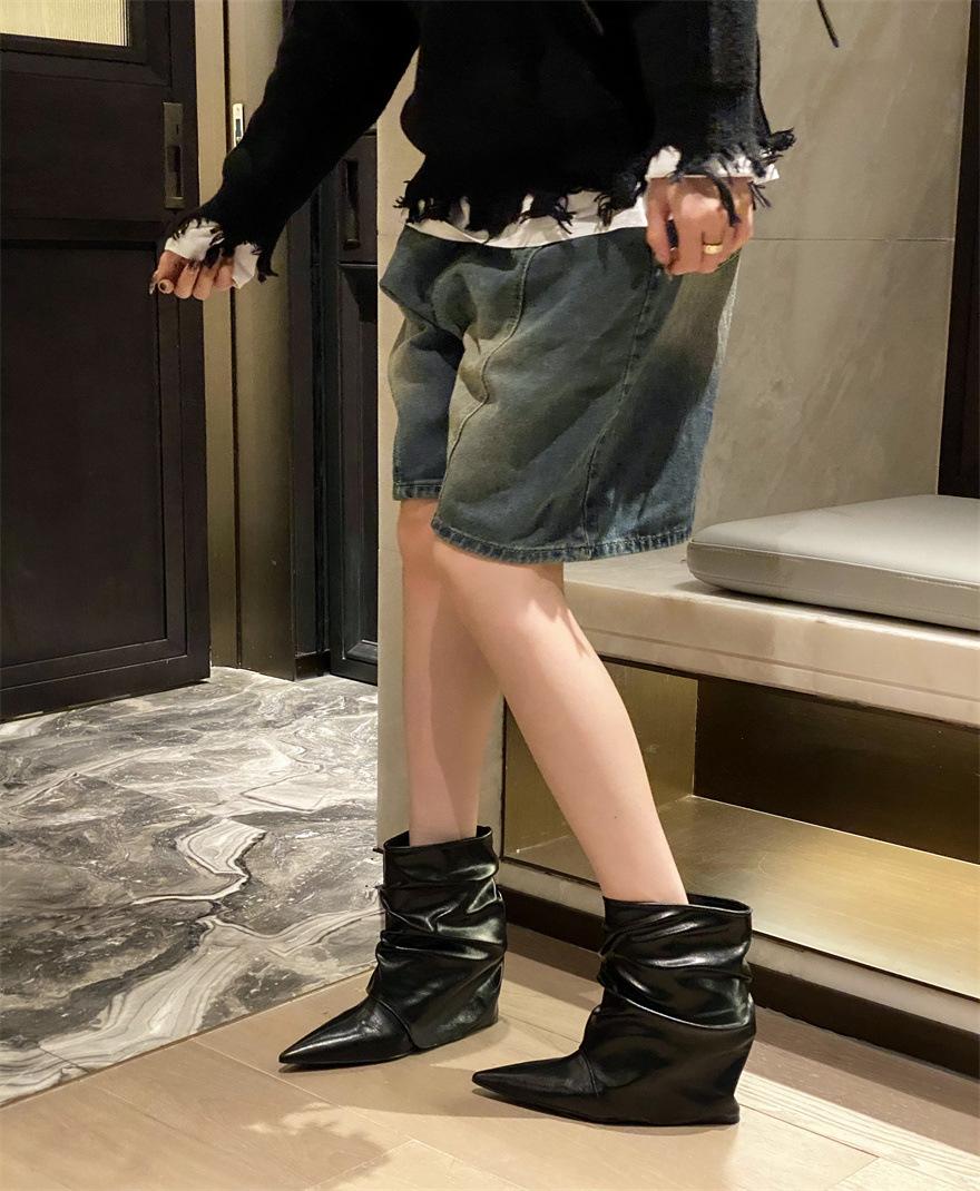осень 2025 новые европейский и американский стиль рыцарские сапоги острый каблук-шпилька плиссированные брюки короткие сапоги ретро мода одинарные сапоги 35