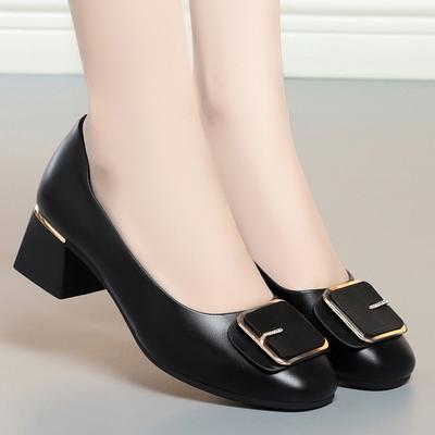 Fashion Spring New Women Fashion Square Heel Pumps For Party Lady Black Pu Soft Leather Office Shoes Comfortable Ballets Metal Buckle