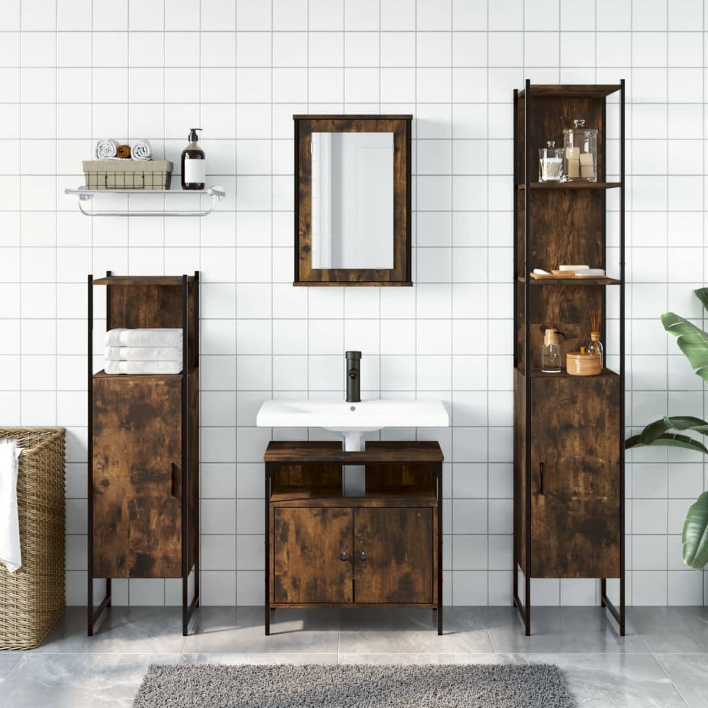 4 Piece Bathroom Furniture Set Smoked Oak Wood Based Material
