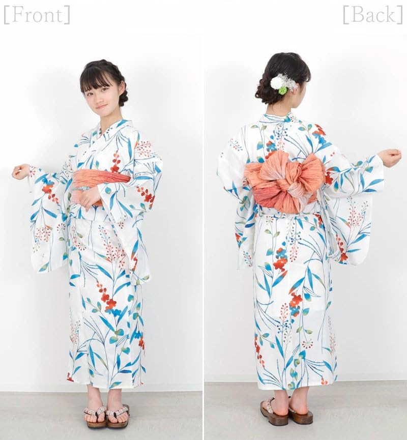 Kimono Hiroba Lovely Yukata Set with Variegated Sizes and Retro and Modern Navy Light and Yu Children's Girls' 4-Piece Weave, 130, 140, 150cm, Style,