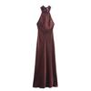European & American Style Women's Autumn Halter Neck Silk Satin Dress