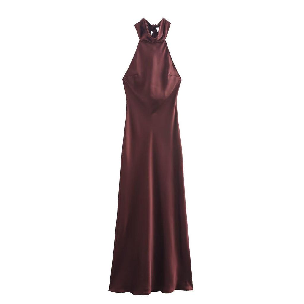 European & American Style Women's Autumn Halter Neck Silk Satin Dress