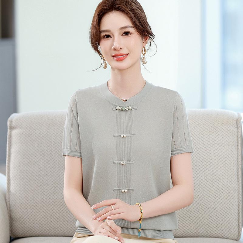 

Mom s Summer Ice Silk Knit Top - 2026 New Chinese Style Short-Sleeve T-Shirt for Middle-Aged & Elderly Women M сірий колір/синій