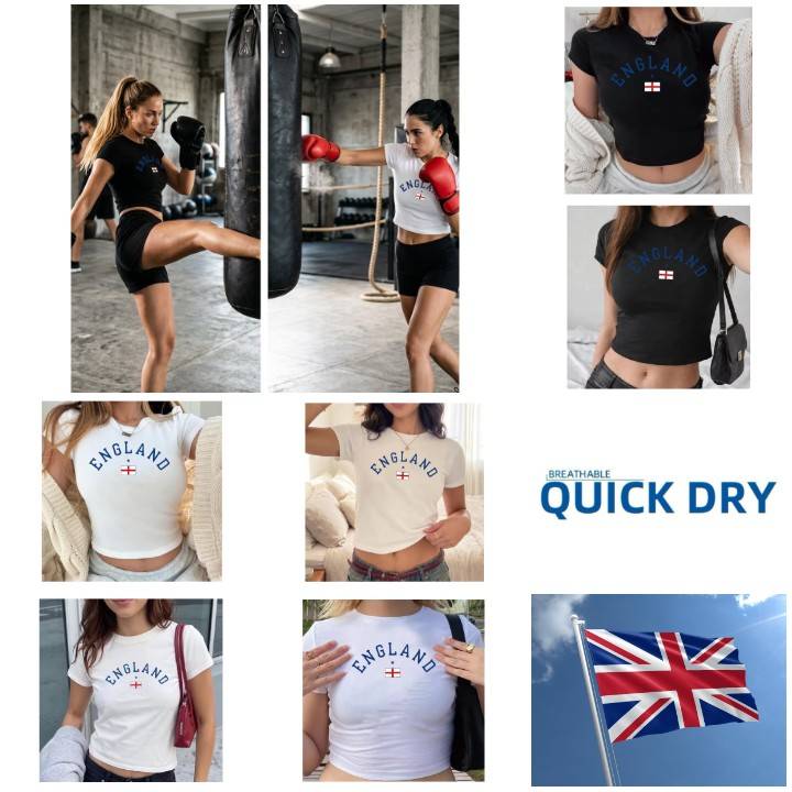 Women Crop Tank Tee T-Shirt UK England British Britain United Kingdom MMA Boxing Muay Thai Short Sleeve National Flag Print Training Fitness Workout