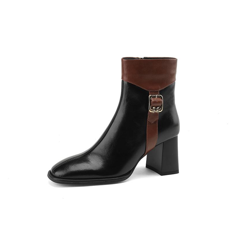 Fashion 2024 Autumn/Winter Women Boots Square Toe High Heel Shoes for Women Black Leather Boots Women Lace Up Handemade Shoes