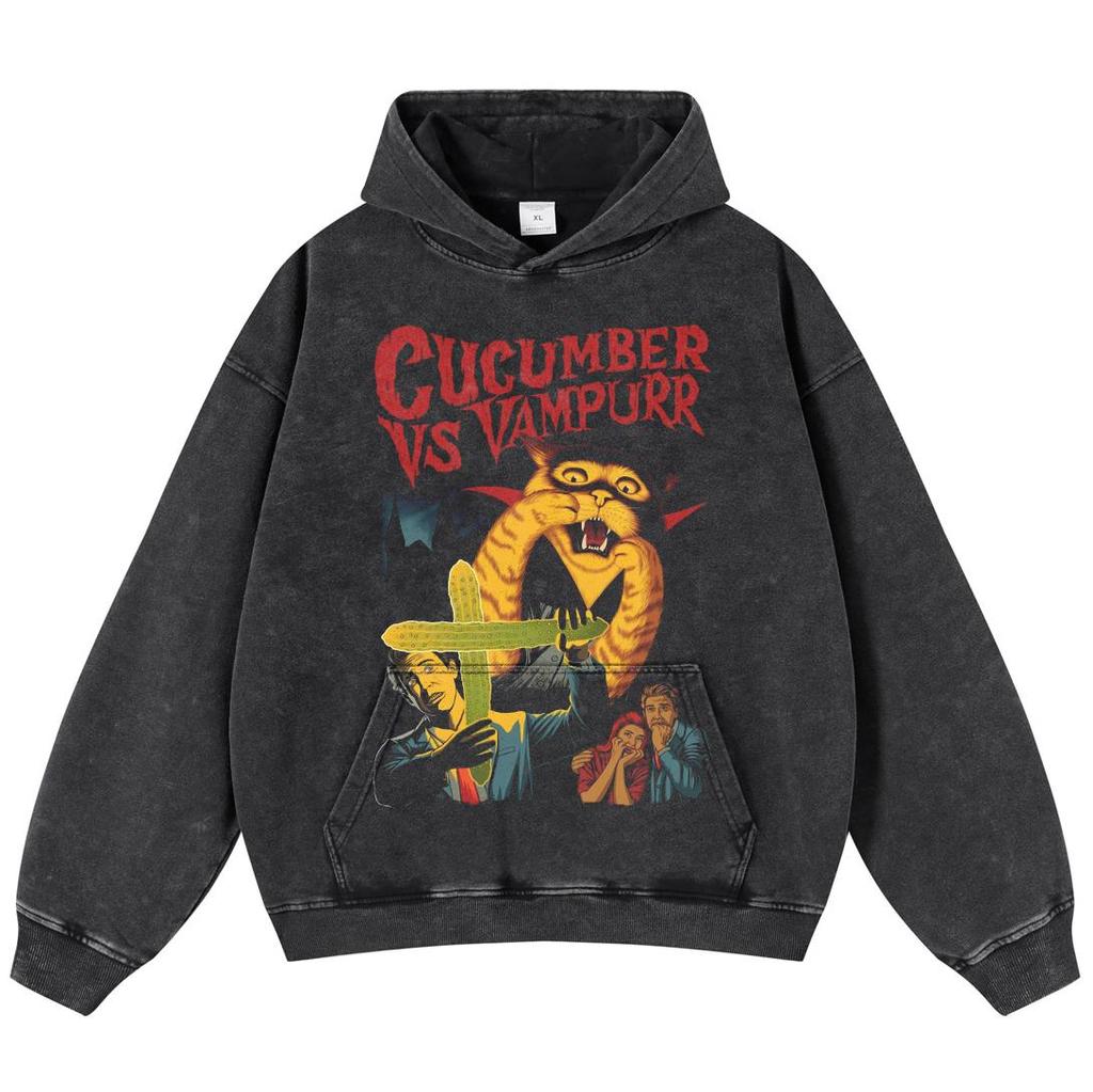 2024 Streetwear Vampire Graphic Washed Black Oversized Unisex Long Sleeve Hoodie Pullover
