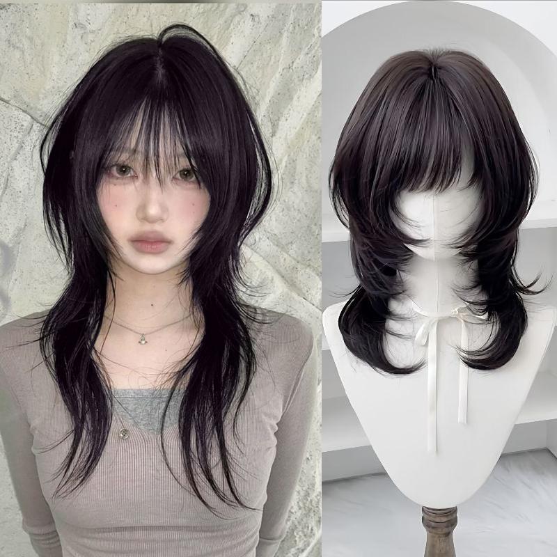 Synthetic Women Wig Hairpiece 18inch High-layered Mullet Haircut Wolf Cut Black Wig with Hair Bangs for Women Daily Party Use