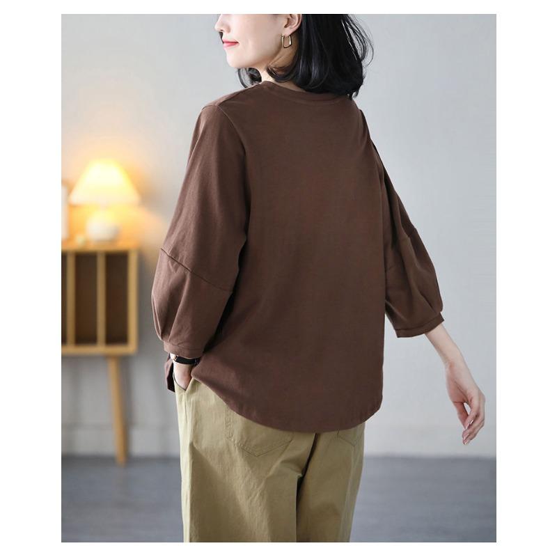 Women Crew Neck Puff Three Quarter Sleeve Cotton Tee Loose Oversized Curved Hem Casual Basic Blouse