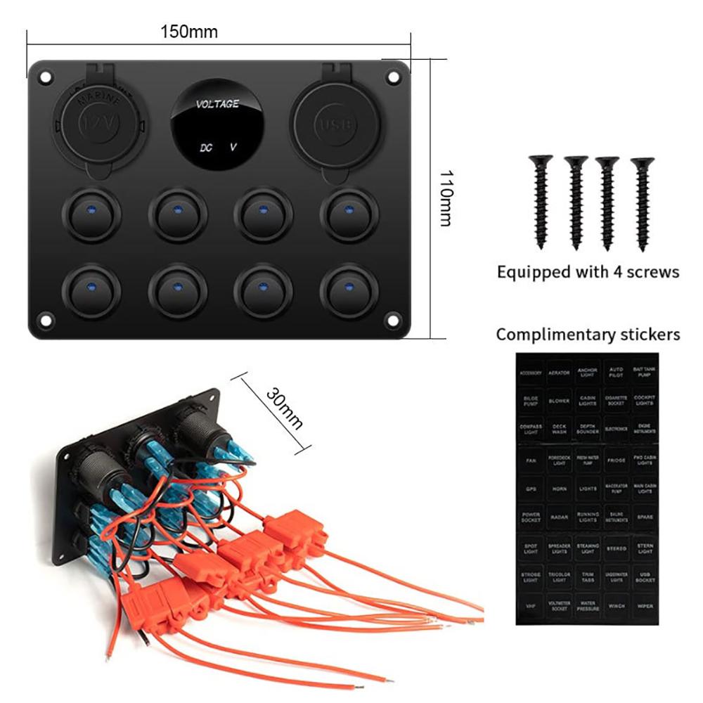Boat Switch Panel Car Switch Panel Waterproof Digital Voltmeter Dual USB Port 12V Outlet Combination Marine LED Rocker 5 Gang
