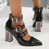 Rose Clear Heels Pumps Women Spring  Patent Leather High Heel Shoes Woman Pointed Toe Metal Buckle Straps Punk Shoes Plus 43