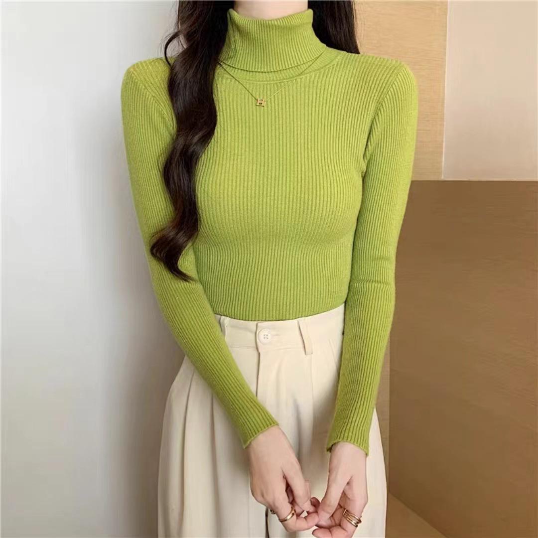 

Женский облегающий зеленый свитер с высоким воротником - стильный осенне-зимний трикотажный топ с длинными рукавами L