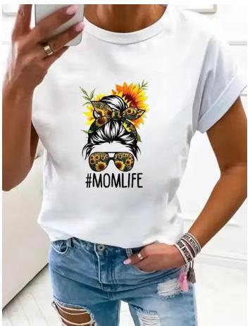 Large Size Women's Flower Mom Vintage Trend Clothing Printed T-Shirt Clothing Summer Basic Top Short Sleeves