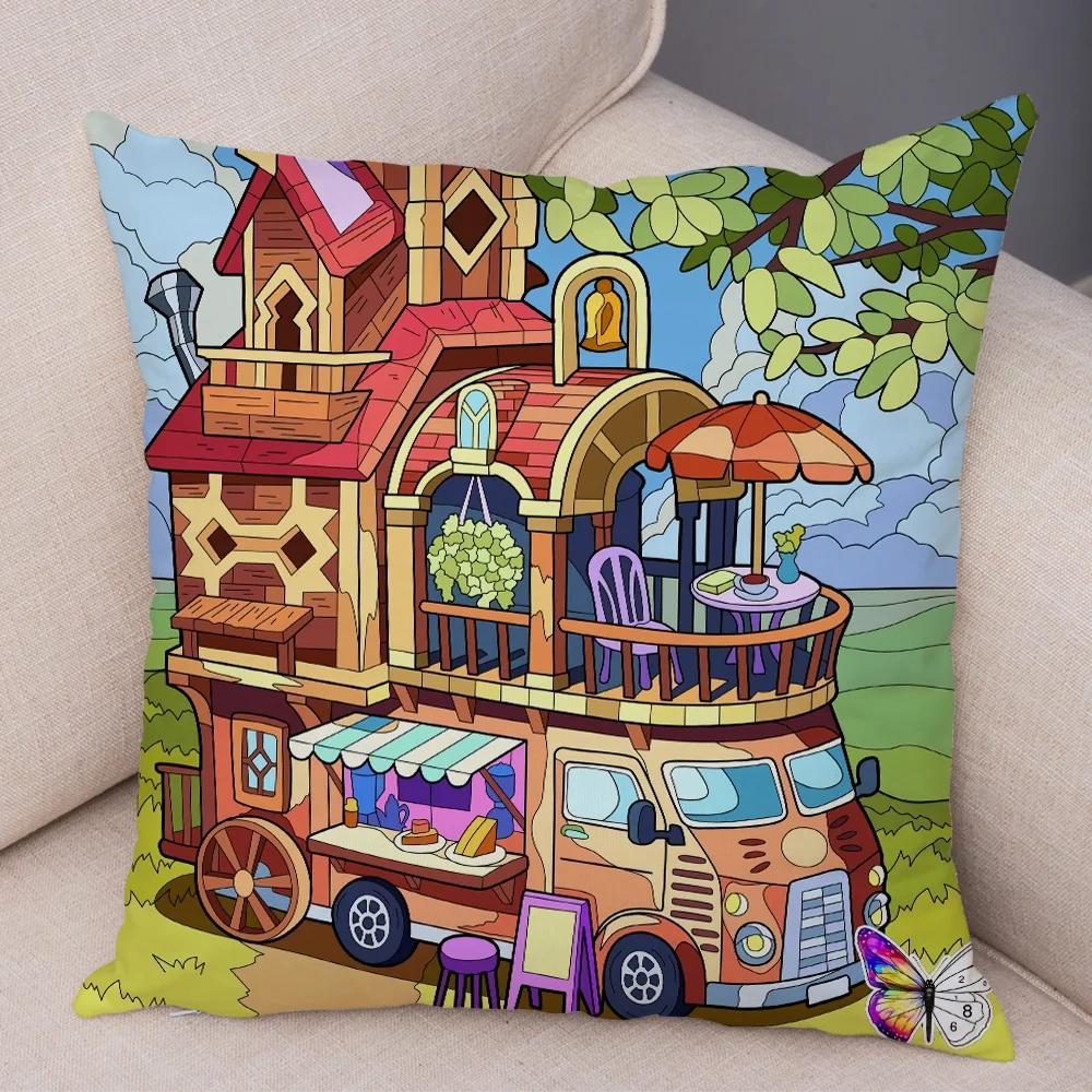 Pillowcase Happy Camper Cartoon House Travel Car Cushion Cover Sofa Home Super Soft