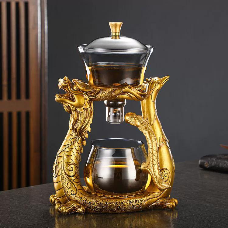 Transparent Semiautomatic Tea Pot Set with Dragon and Phoenix Auspicious Craftsmanship Suitable for Kung Fu