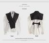 2025 Spring Korean Slim Puff Sleeve White Shirt & Waist Strap Vest Set