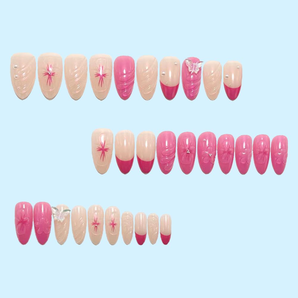 30-Piece 3D Butterfly French Almond Wearable Nails with Pearl Flower Art - European & American Style False Nails