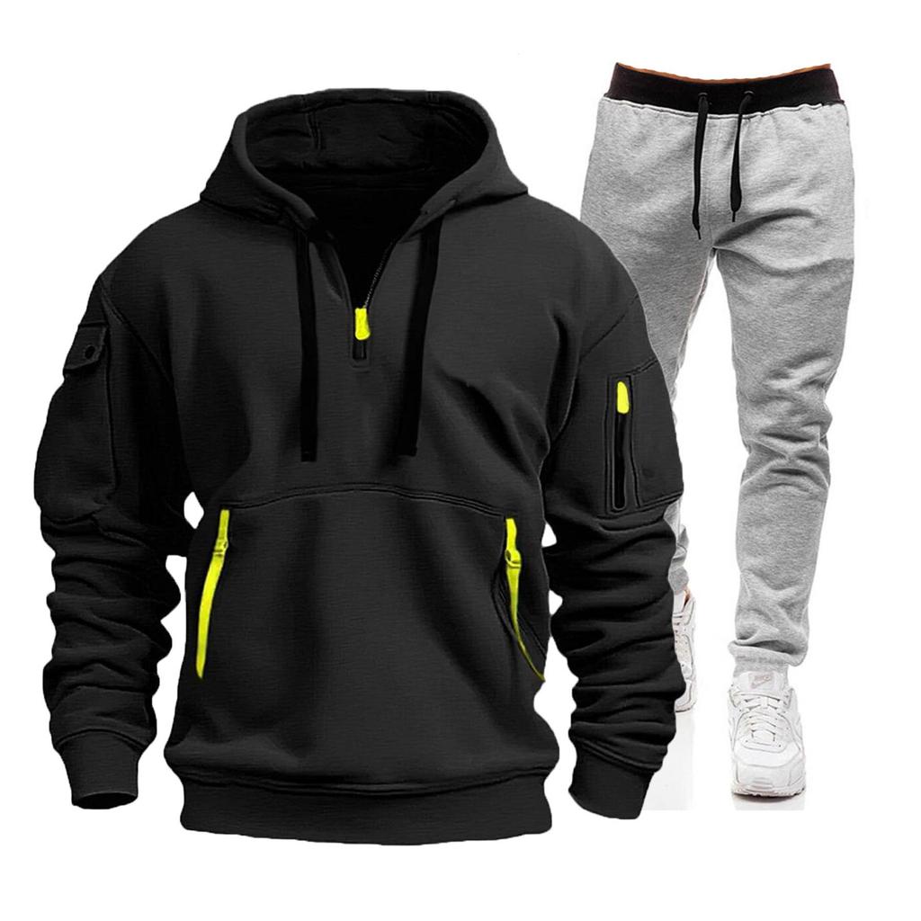 Autumn Men's Casual Sports Suit with Multi-Zipper Arm Pockets & Fashionable Hoodie