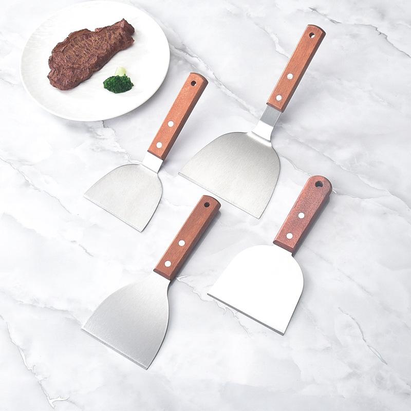Half-Round Stainless Steel Teppanyaki Spatula with Wooden Handle - Ideal for Steak, Pancake, and Burger Cooking.