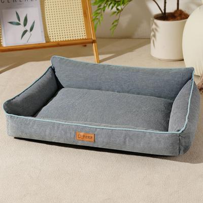Plush Pet Bed With Bolster, Gray Sofa- Pet Bed With Piping, Cushioned Lounger