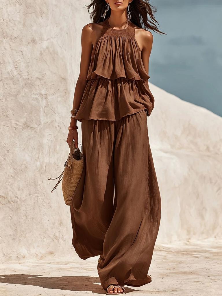 2026 Amazon Independent Station Popular Women's Clothing Casual European and American Style Elastic Neck Breathable Wide Leg Pants Two-piece Set