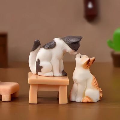 a3Pcs Small Cat Set (Including 2 Cats & 1 Chair), Resin Kitten Statues - Kissing Cat Caturines For Car, Desktop, Office, Creative Micro Landscape