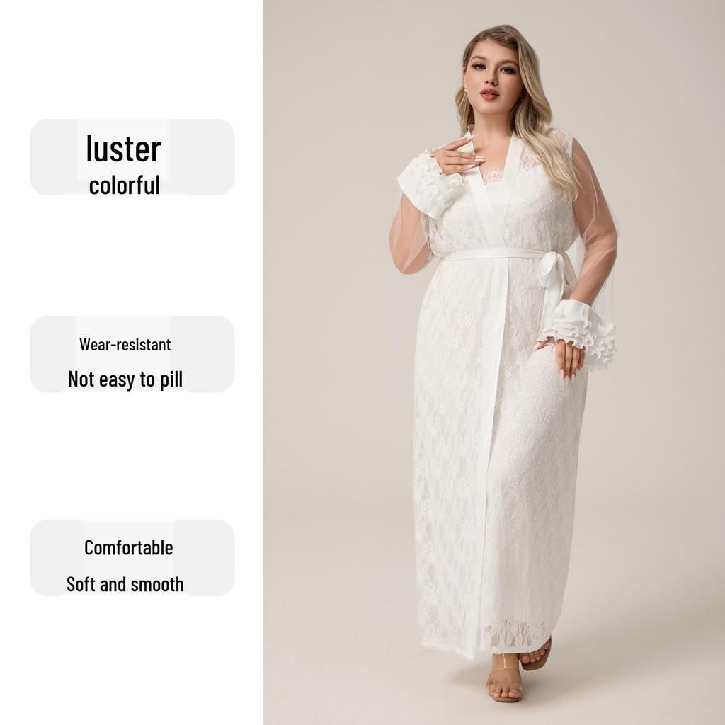 Yaoting Übergröße Damen Eisseide Spitze Langer Morgenmantel & Nachthemd (WP5014)