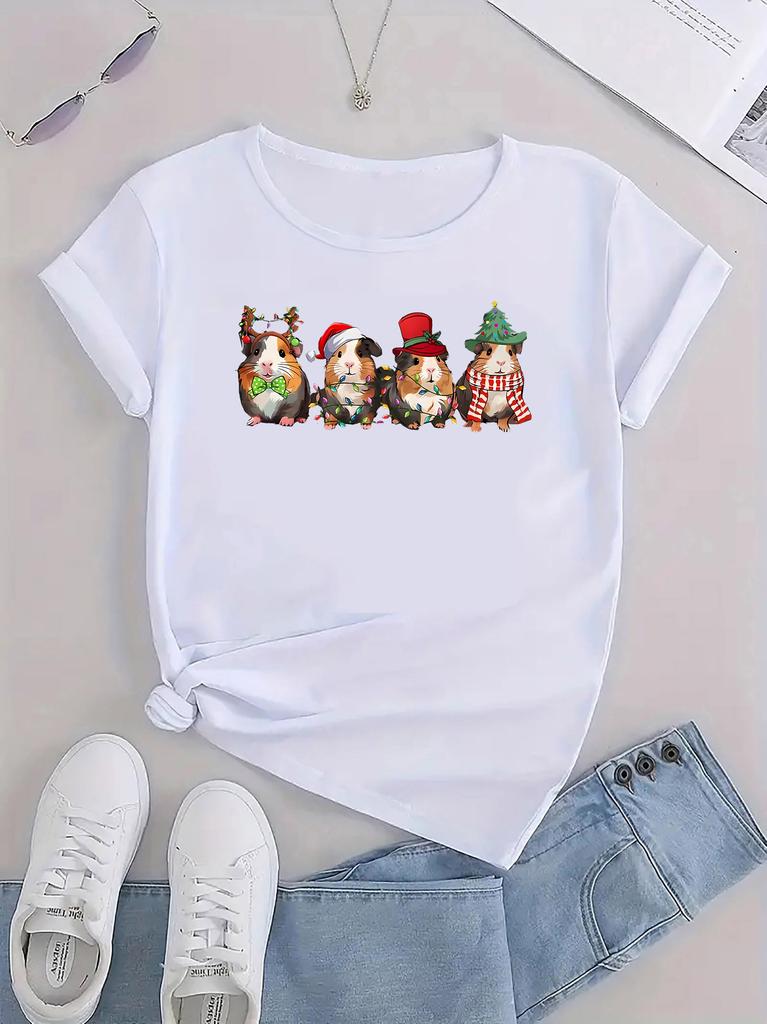 Women's Christmas Cartoon Print Casual T-Shirt Harajuku Sleeve Casual Women's Tshirt Clothing Street Tops Tees Aesthetic Clothes