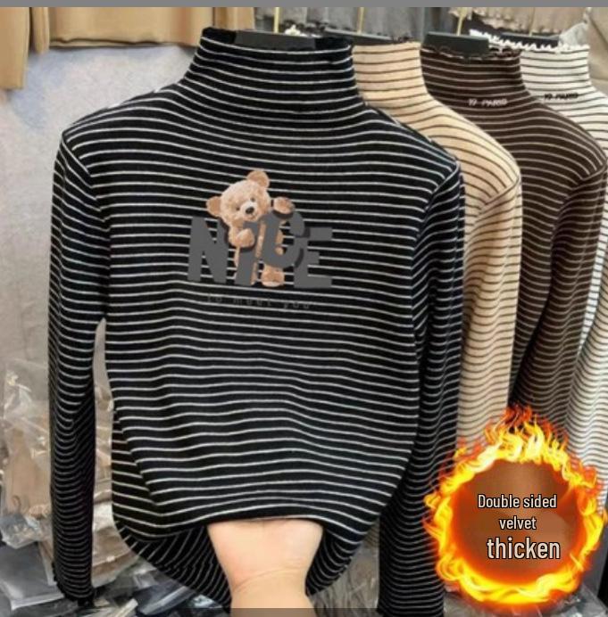 Children's Thermal Fleece Striped Long Sleeve Shirt with Half-High Collar for Boys and Girls (Autumn/Winter)