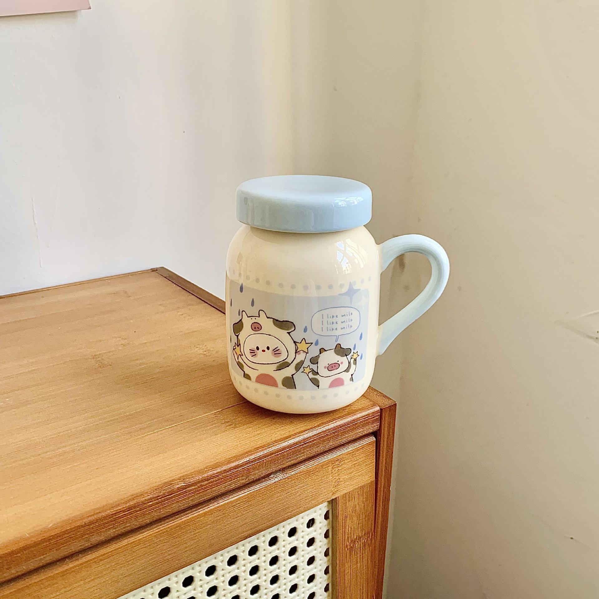 

Кружка с крышкой Милая мультяшная керамическая чашка Парная чашка для воды Женская Домашняя Офисная Чашка для кофе и молока Детская 301-400ml