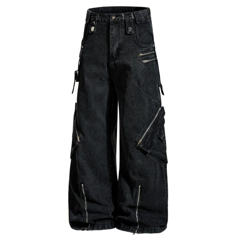 Mens Distressed Work Jeans Loose Straight Leg Punk Style Zip Fly Denim Pants Casual