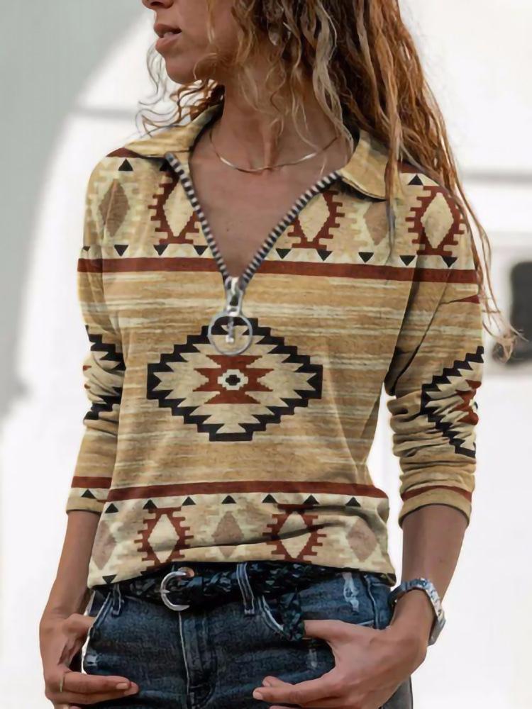 Casual Turn-Down Collar Zipper Long Sleeve Regular Pullover Digitally Printed Womens Sweatshirt Trendy Style Comfortable Fit for Daily Wear XXXL 2270₽