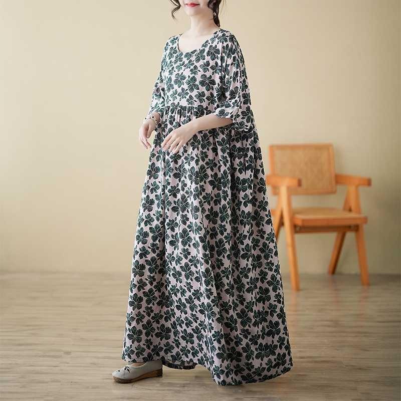 Summer Crew Neck with Rotator Sleeves Loose Swing Dress Women's Large Size Bohemian Casual Vacation Dress