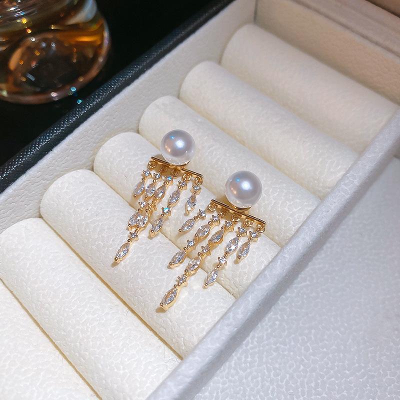 Light luxury zircon round artificial pearl ear buckle French retro fashion temperament earrings high-end exquisite earrings women