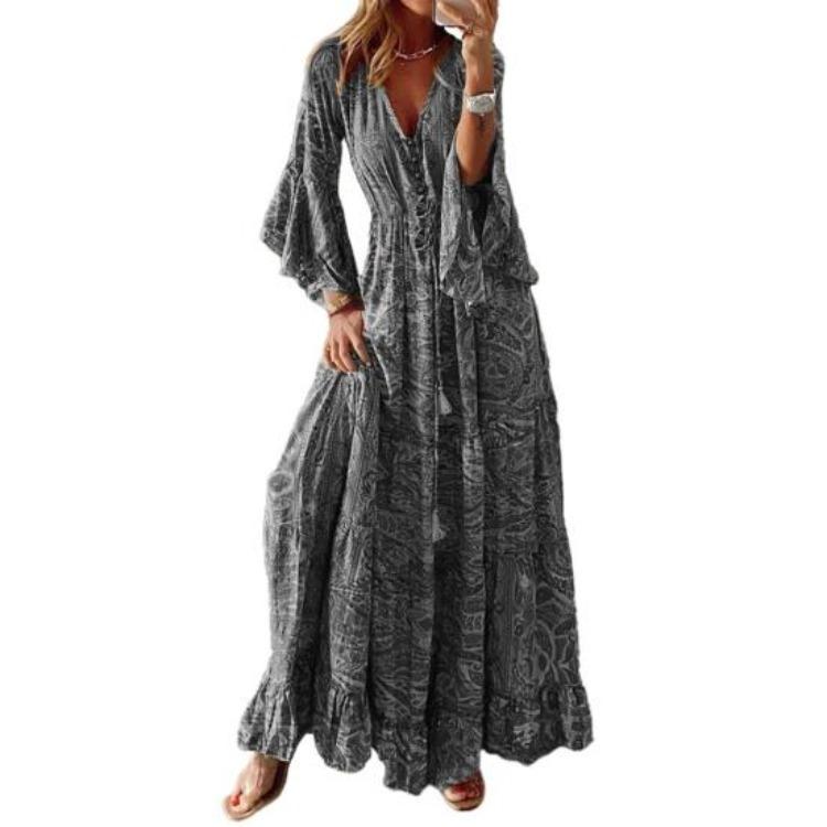 Damen Böhmisches Maxi-Kleid Bunter Druck V-Ausschnitt Hohe Taille Lockerer Saum Patchwork Übergröße Strandkleid Trompetenärmel Damenkleidung