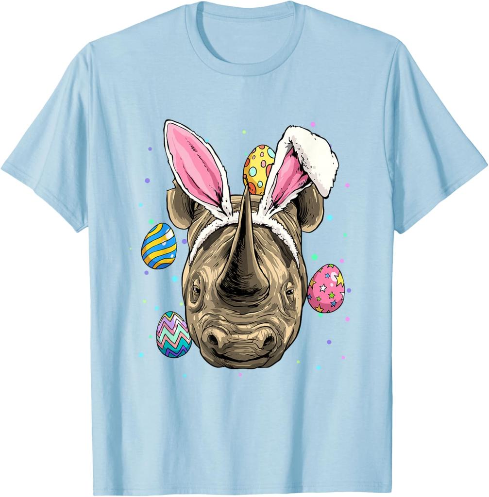 Funny Rhinoceros Bunny Ears Easter Egg Hunt Graphic Tee Casual Short Sleeve T-Shirt for Men