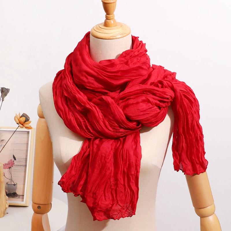 All-Season French-Style Vintage Solid Color Crinkle Pleated Scarf Lightweight Pleated Neck Scarf Shawl, Versatile Solid Color Autumn and Winter