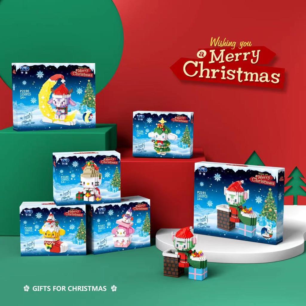 Sanrio Merry Christmas Micro Building Blocks Disney Melody 3D Model Hello Kitty Cinnamoroll Assembled Mini Bricks Figure Toy